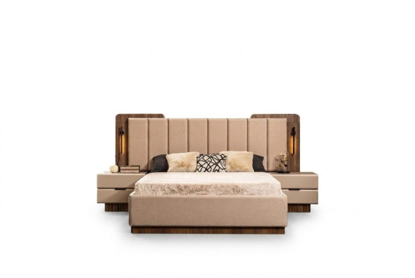 Compleet slaapkamer tweepersoonsbed bed nachtkastjes beige stof 3-delig