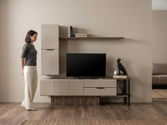 Woonkamer TV-standaard Wandkast RTV Lowboard Beige Houten planken