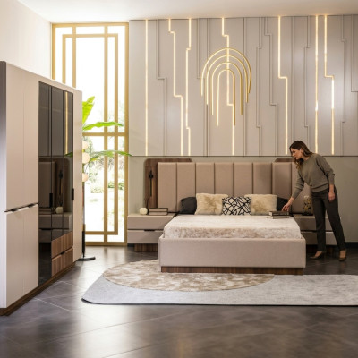 Luxe tweepersoonsbed set slaapkamer nachtkastjes 4-delig beige kast