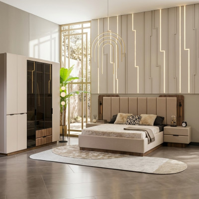 Luxe tweepersoonsbed set slaapkamer nachtkastjes 4-delig beige kast