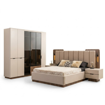 Luxe tweepersoonsbed set slaapkamer nachtkastjes 4-delig beige kast