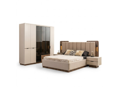 Luxe tweepersoonsbed set slaapkamer nachtkastjes 4-delig beige kast