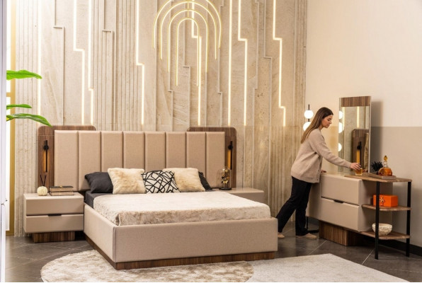 Slaapkamer set Tweepersoonsbed Nachtkastjes Beige Stof 4 delen Make-up