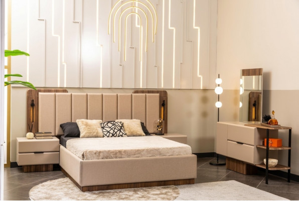 Slaapkamer set Tweepersoonsbed Nachtkastjes Beige Stof 4 delen Make-up