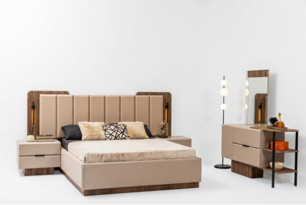 Slaapkamer set Tweepersoonsbed Nachtkastjes Beige Stof 4 delen Make-up
