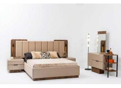 Slaapkamer set Tweepersoonsbed Nachtkastjes Beige Stof 4 delen Make-up