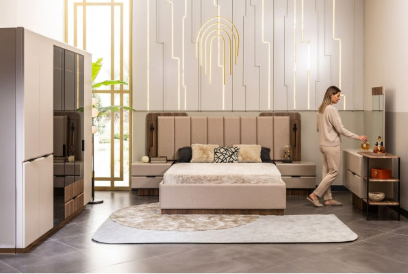 Tweepersoonsbedset Nachtkastjes Beige Stof 5-delig Kaptafel Kast Bed