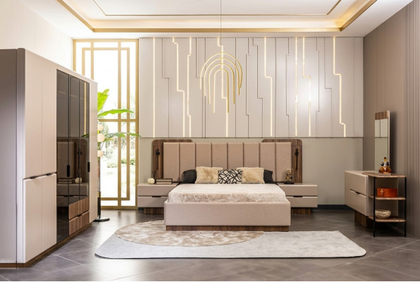 Tweepersoonsbedset Nachtkastjes Beige Stof 5-delig Kaptafel Kast Bed