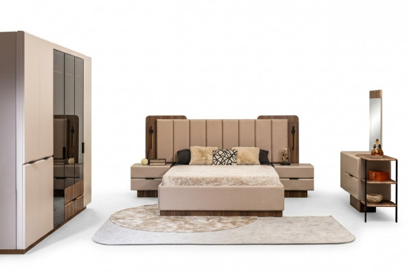 Tweepersoonsbedset Nachtkastjes Beige Stof 5-delig Kaptafel Kast Bed