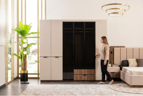 Kledingkast Houten kast Beige Slaapkamerkast Kast Modern
