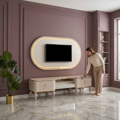 Moderne beige woonkamerset ontwerper RTV-lowboard muurpaneel 2-delige set
