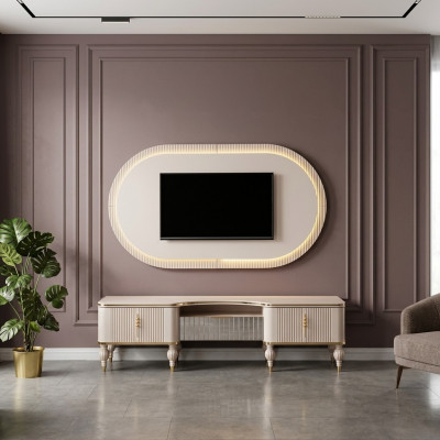 Moderne beige woonkamerset ontwerper RTV-lowboard muurpaneel 2-delige set