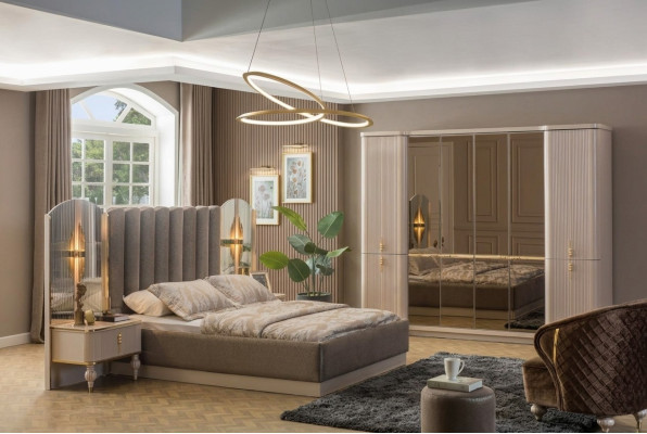 Luxe slaapkamer, designer tweepersoonsbed, kledingkast, nachtkastjes