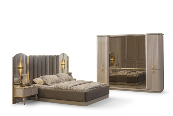Luxe slaapkamer, designer tweepersoonsbed, kledingkast, nachtkastjes