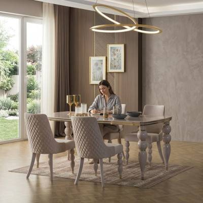 Donkerbeige eetgroep, designer houten eettafel x6 stoelen, 7-delig luxe set
