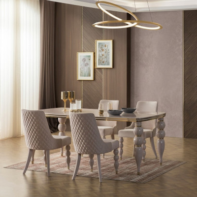 Donkerbeige eetgroep, designer houten eettafel x6 stoelen, 7-delig luxe set