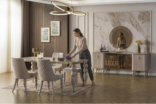 Beige eetkamerset, designer eetkamermeubilair, eettafel, stoelen, dressoir, 9-delig