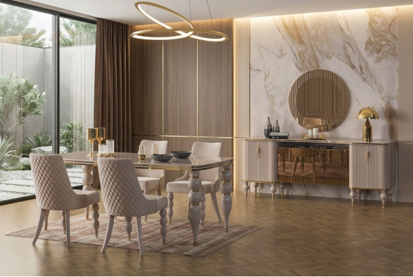 Beige eetkamerset, designer eetkamermeubilair, eettafel, stoelen, dressoir, 9-delig