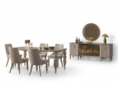 Beige eetkamerset, designer eetkamermeubilair, eettafel, stoelen, dressoir, 9-delig