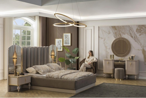 Grijze slaapkamer set met tweepersoonsbed, kaptafel, console en nachtkastjes.