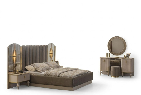 Grijze slaapkamer set met tweepersoonsbed, kaptafel, console en nachtkastjes.