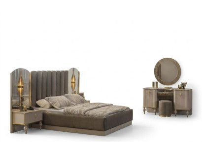 Grijze slaapkamer set met tweepersoonsbed, kaptafel, console en nachtkastjes.