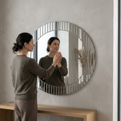 Grijze ronde spiegel Designer gangspiegel Moderne decoratiespiegel Luxe meubels