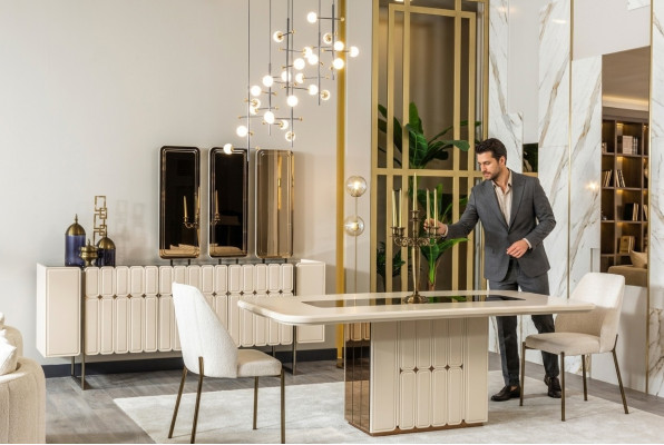 Modern wit eetkamerset Eettafel Dressoir Stoelen x3 Spiegel 9-delig