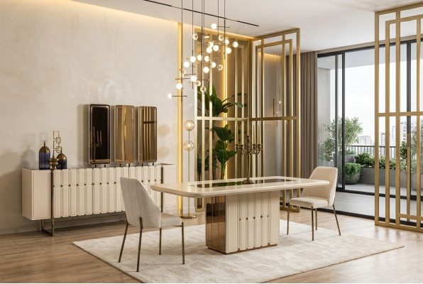Modern wit eetkamerset Eettafel Dressoir Stoelen x3 Spiegel 9-delig