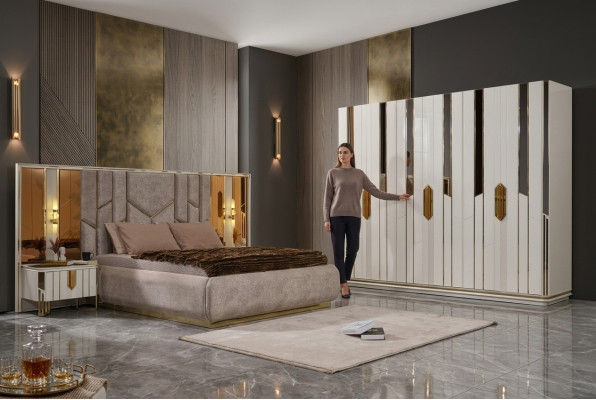 Complete slaapkamer met tweepersoonsbed, kast en nachtkastjes. Wit, 4-delig.