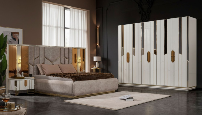 Complete slaapkamer met tweepersoonsbed, kast en nachtkastjes. Wit, 4-delig.