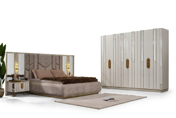 Complete slaapkamer met tweepersoonsbed, kast en nachtkastjes. Wit, 4-delig.