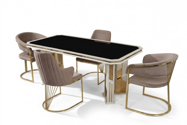 Luxe eetkamerset, eetgroep, eethoek, eettafel, stoelen in beige, 7-delig.