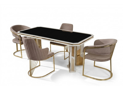 Luxe eetkamerset, eetgroep, eethoek, eettafel, stoelen in beige, 7-delig.