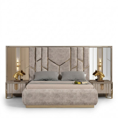 Slaapkamer tweepersoonsbed set Bed Nachtkastjes 3-delig Beige Luxe