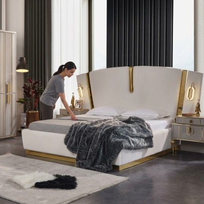 Slaapkamer tweepersoonsbed set bed nachtkastjes wit 3-delig luxe