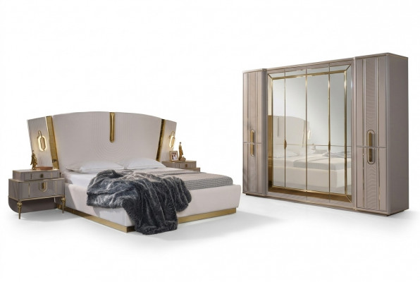Tweepersoonsbed set Slaapkamer Bed Nachtkastjes 4-delig Beige Kast