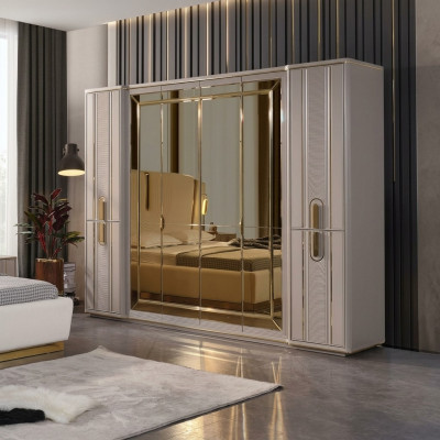 Luxe kledingkast houten kast garderobekast met spiegel Beige
