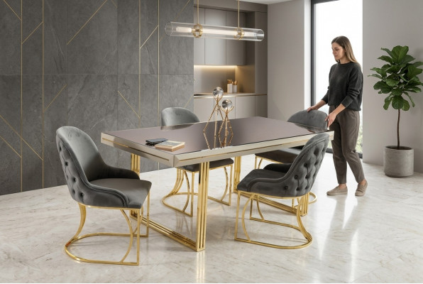 Eetkamerset Eethoek Eetkamer meubels Eettafel Stoelen Set 7-delig Grijs Luxe