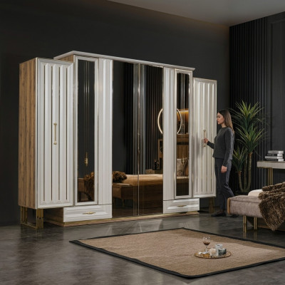Garderobekast Luxe kledingkast Houten kast met spiegel Beige