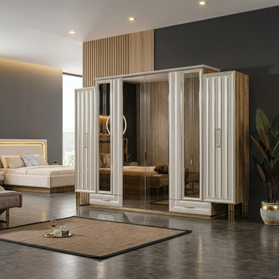 Garderobekast Luxe kledingkast Houten kast met spiegel Beige