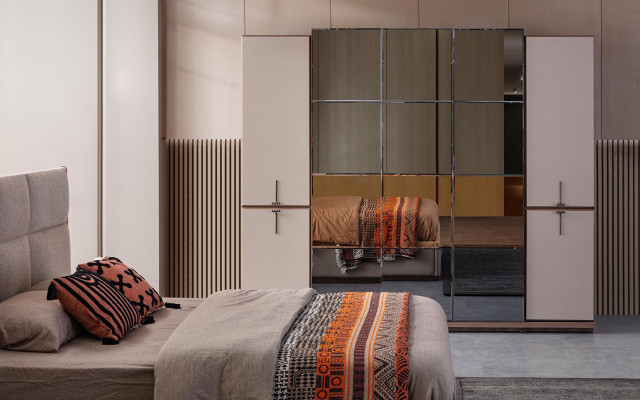 Complete slaapkamer tweepersoonsbed bed nachtkastjes grijs 4-delig kast