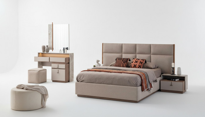 Luxe slaapkamermeubilair tweepersoonsbed nachtkastjes grijs 6-delige kast bed