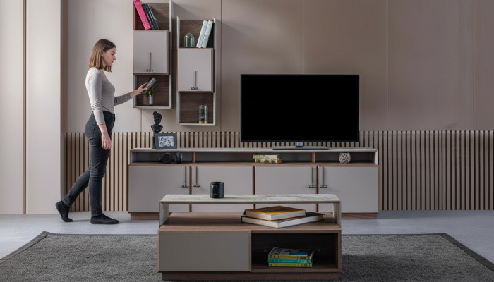 Groep woonkamer TV-standaard wandkasten laagbord grijs salontafel 3-delig