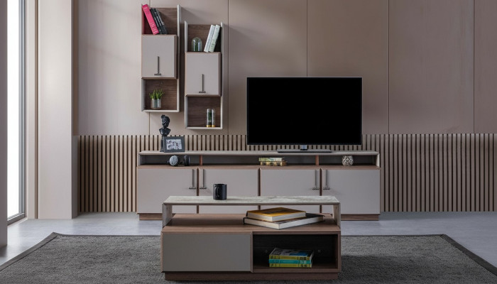 Groep woonkamer TV-standaard wandkasten laagbord grijs salontafel 3-delig