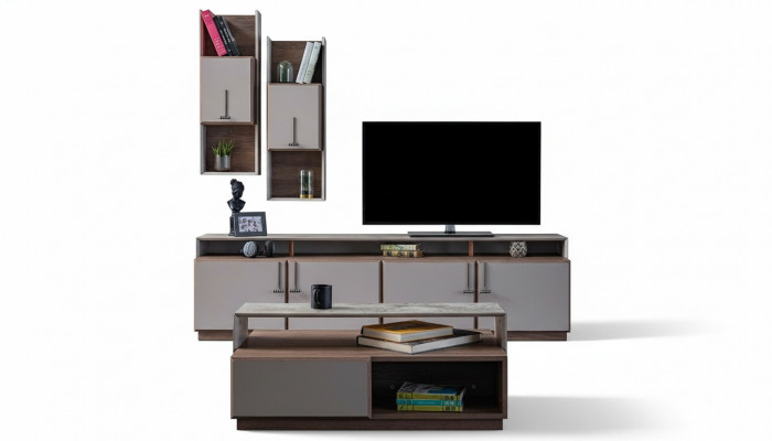 Groep woonkamer TV-standaard wandkasten laagbord grijs salontafel 3-delig