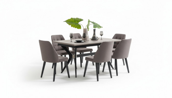 Eethoek set Eetkamer Eetgroep Eettafel Stoelen Hout Grijs 7-delig