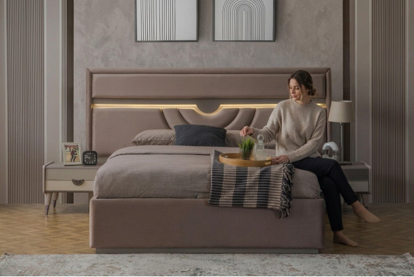 Tweepersoons slaapkamer bed nachtkastjes beige set 3-delig bedlade