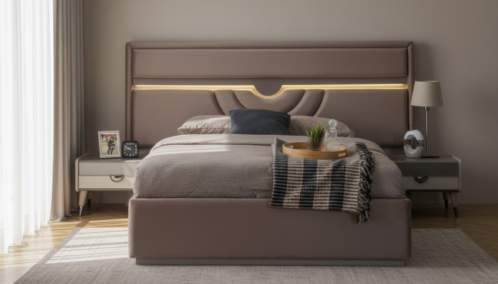 Tweepersoons slaapkamer bed nachtkastjes beige set 3-delig bedlade