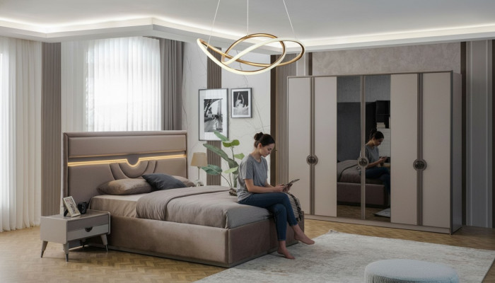 Tweepersoonsbed Complete slaapkamermeubels Bed Nachtkastjes Beige 4 delig